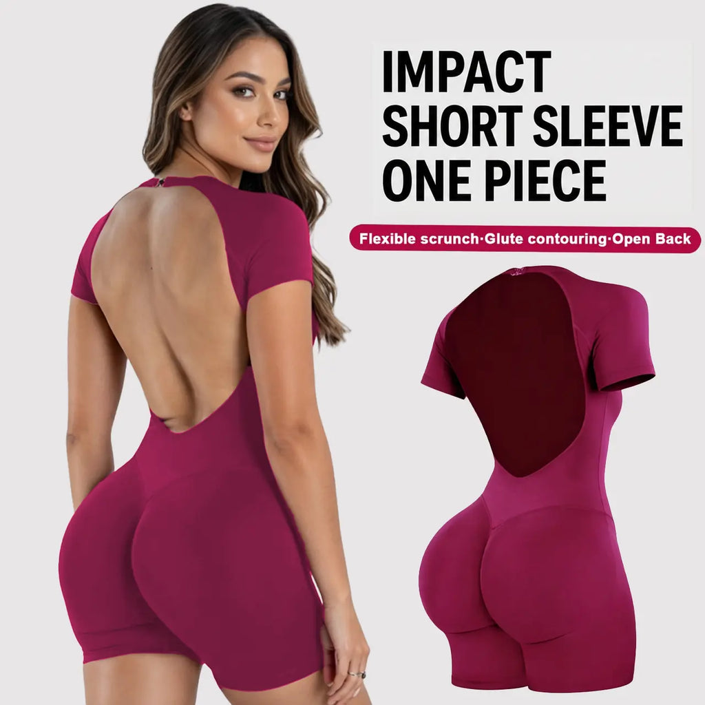 [REGULAR LENGTH] DEEFY Impact Short Sleeve One Piece Women'S Seamless Workout Unitard Tummy Control Butt Lifting Short Sleeve Yoga Romper