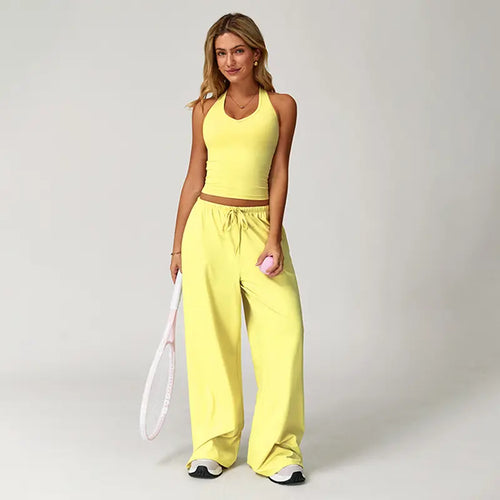 NVWA Women'S 2-Piece Athleisure Outfits - Polyester-Silk Fitted Summervibe Sweatsuit, Adjustable V-Neck Strappy Top & Wide Leg Pants, Cooling Quick-Drying Breathable Figure-Flattering Women'S Clothes, Workout Sets for Gym & Travel,Summerwins