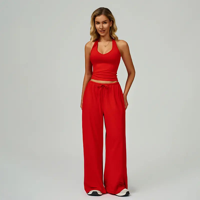 NVWA Women'S 2-Piece Athleisure Outfits - Polyester-Silk Fitted Summervibe Sweatsuit, Adjustable V-Neck Strappy Top & Wide Leg Pants, Cooling Quick-Drying Breathable Figure-Flattering Women'S Clothes, Workout Sets for Gym & Travel,Summerwins
