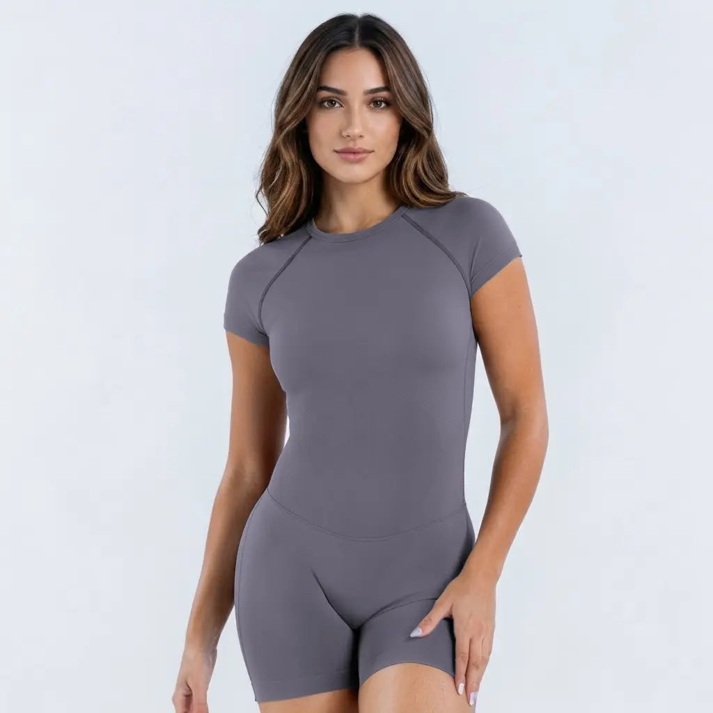 [REGULAR LENGTH] DEEFY Impact Short Sleeve One Piece Women'S Seamless Workout Unitard Tummy Control Butt Lifting Short Sleeve Yoga Romper