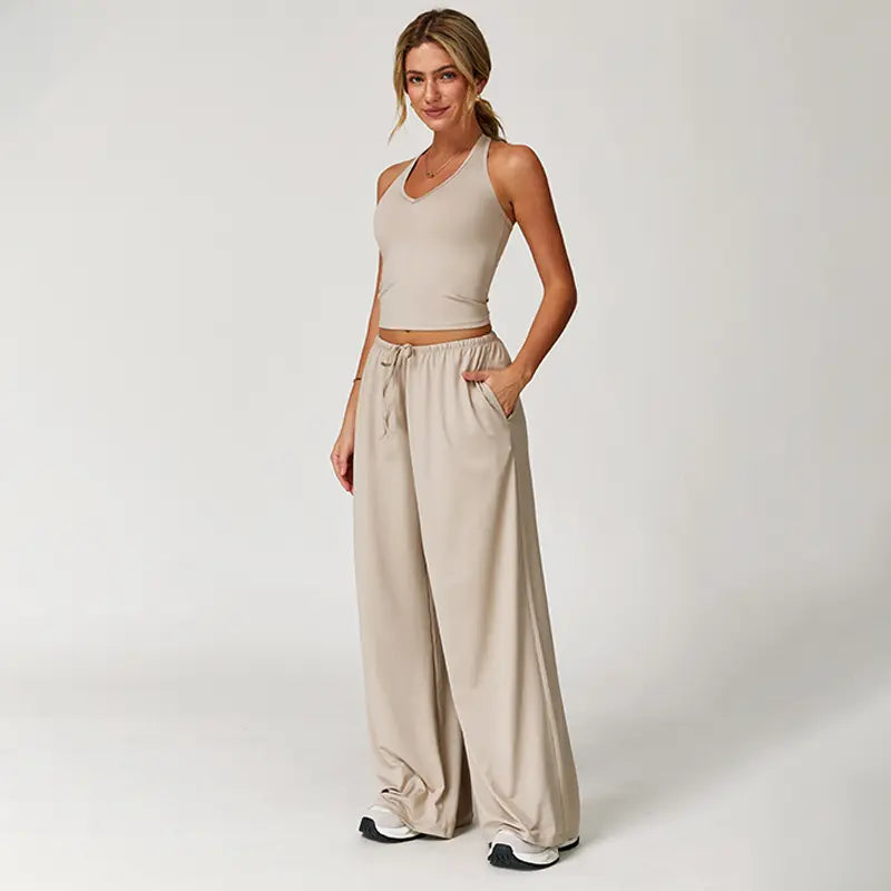 NVWA Women'S 2-Piece Athleisure Outfits - Polyester-Silk Fitted Summervibe Sweatsuit, Adjustable V-Neck Strappy Top & Wide Leg Pants, Cooling Quick-Drying Breathable Figure-Flattering Women'S Clothes, Workout Sets for Gym & Travel,Summerwins