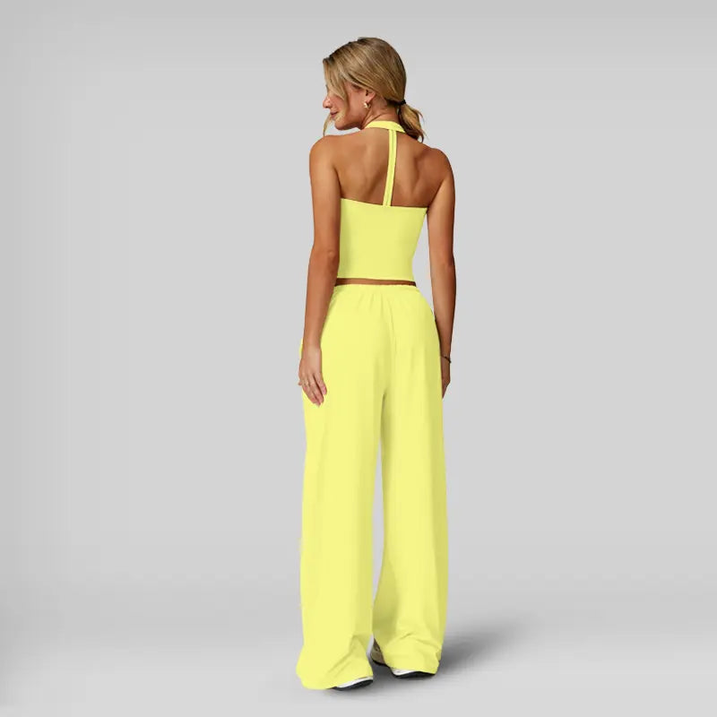 NVWA Women'S 2-Piece Athleisure Outfits - Polyester-Silk Fitted Summervibe Sweatsuit, Adjustable V-Neck Strappy Top & Wide Leg Pants, Cooling Quick-Drying Breathable Figure-Flattering Women'S Clothes, Workout Sets for Gym & Travel,Summerwins